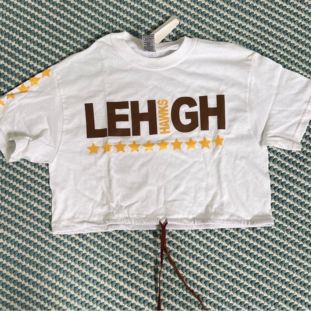 Lehigh Hawks Cropped T-Shirt With Brown Shoelace Tie, Size Small, New With Tags